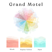 A colour wheel of the Grand Motel watercolour set and ombre swatches of Blush, Naples Yellow and Aqua watercolour paints.