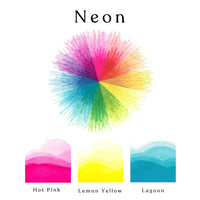 A colour wheel of the Neon watercolour set and ombre swatches of Hot Pink, Lemon Yellow and Lagoon watercolour paints.
