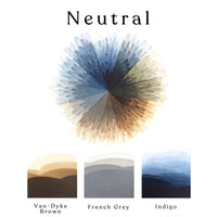 A colour wheel of the Neutral watercolour set and ombre swatches of Van-Dyke Brown, French Grey and Indigo watercolour paints.