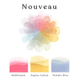 A colour wheel of the Nouveau watercolour set and ombre swatches of Bubblegum, Naples Yellow and Powder Blue watercolour paints.