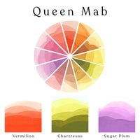 A colour wheel of the Queen Mab watercolour set and ombre swatches of Vermilion, Chartreuse and Sugar Plum watercolour paints.