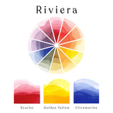 A colour wheel of the Riviera watercolour set and ombre swatches of Scarlet, Golden Yellow and Ultramarine watercolour paints.