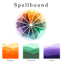 A colour wheel of the Spellbound watercolour set and ombre swatches of Papaya, Emerald and Violet watercolour paints.