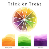 A colour wheel of the Trick or Treat watercolour set and ombre swatches of Pumpkin, Tree Frog and Purple watercolour paints.