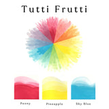 A colour wheel of the Tutti Frutti watercolour set and ombre swatches of Peony, Pineapple and Sky Blue watercolour paints.
