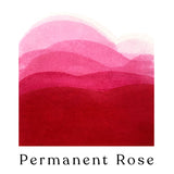 A swatch of graduated red watercolor paint with the name of the color (Permanent Rose) underneath.